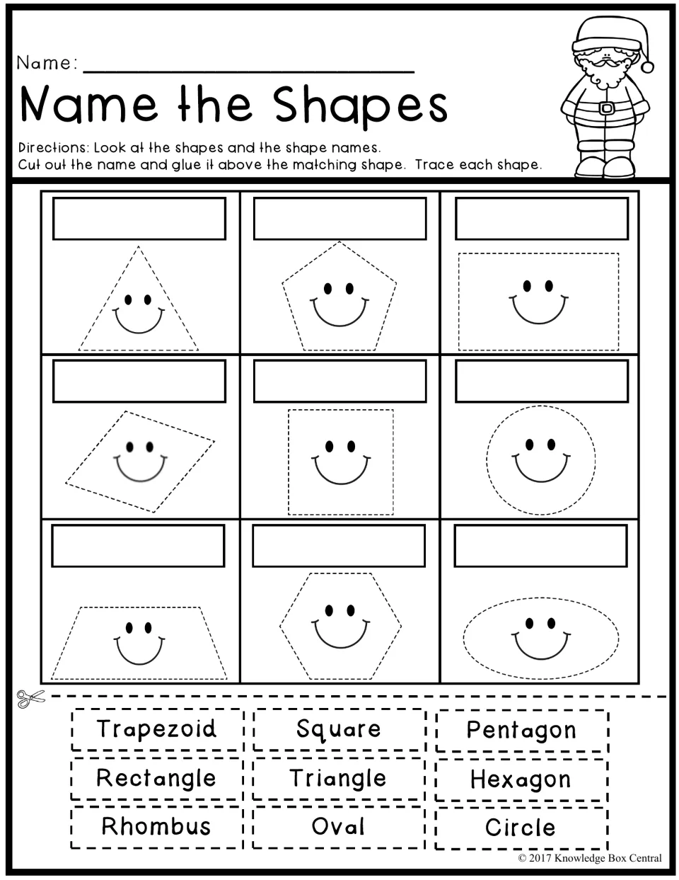Name the Shapes: students cut out nine shape names like trapezoid, rhombus and hexagon, glue each above its shape and trace