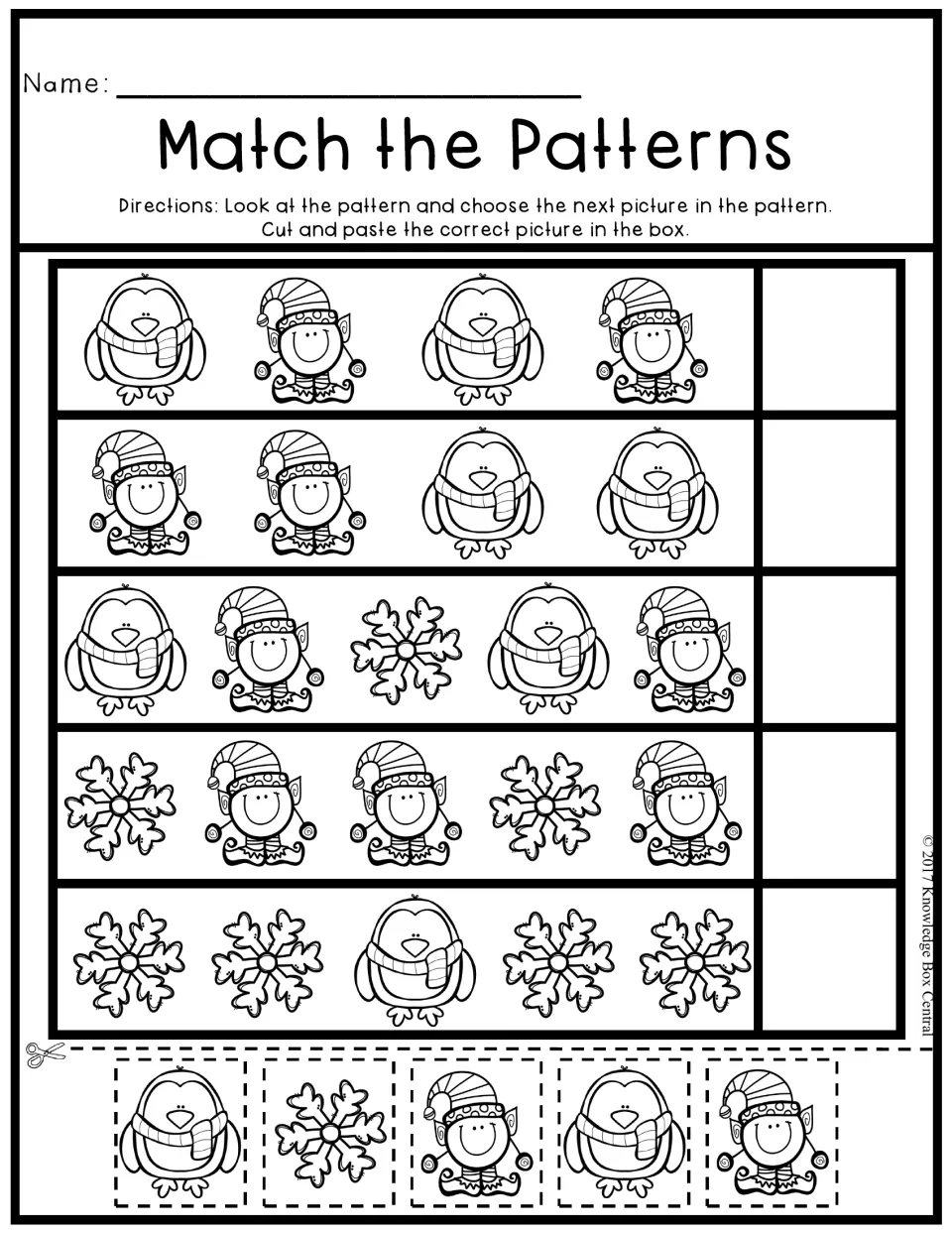 Match the Patterns: students extend five penguin, elf and snowflake picture patterns by cutting and pasting the next picture