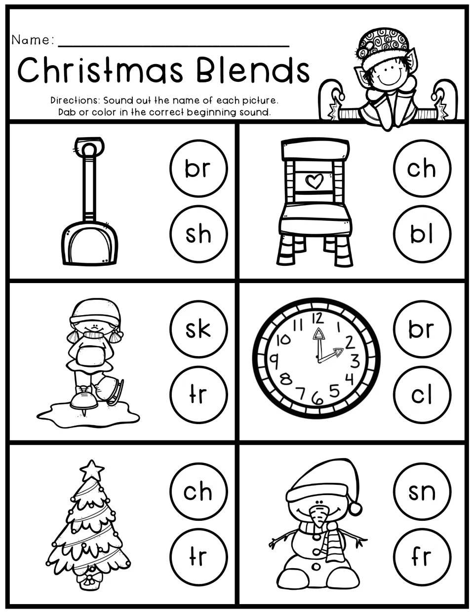 Christmas Blends: students name pictures like shovel, chair, clock, tree and snowman and dab the correct beginning sound