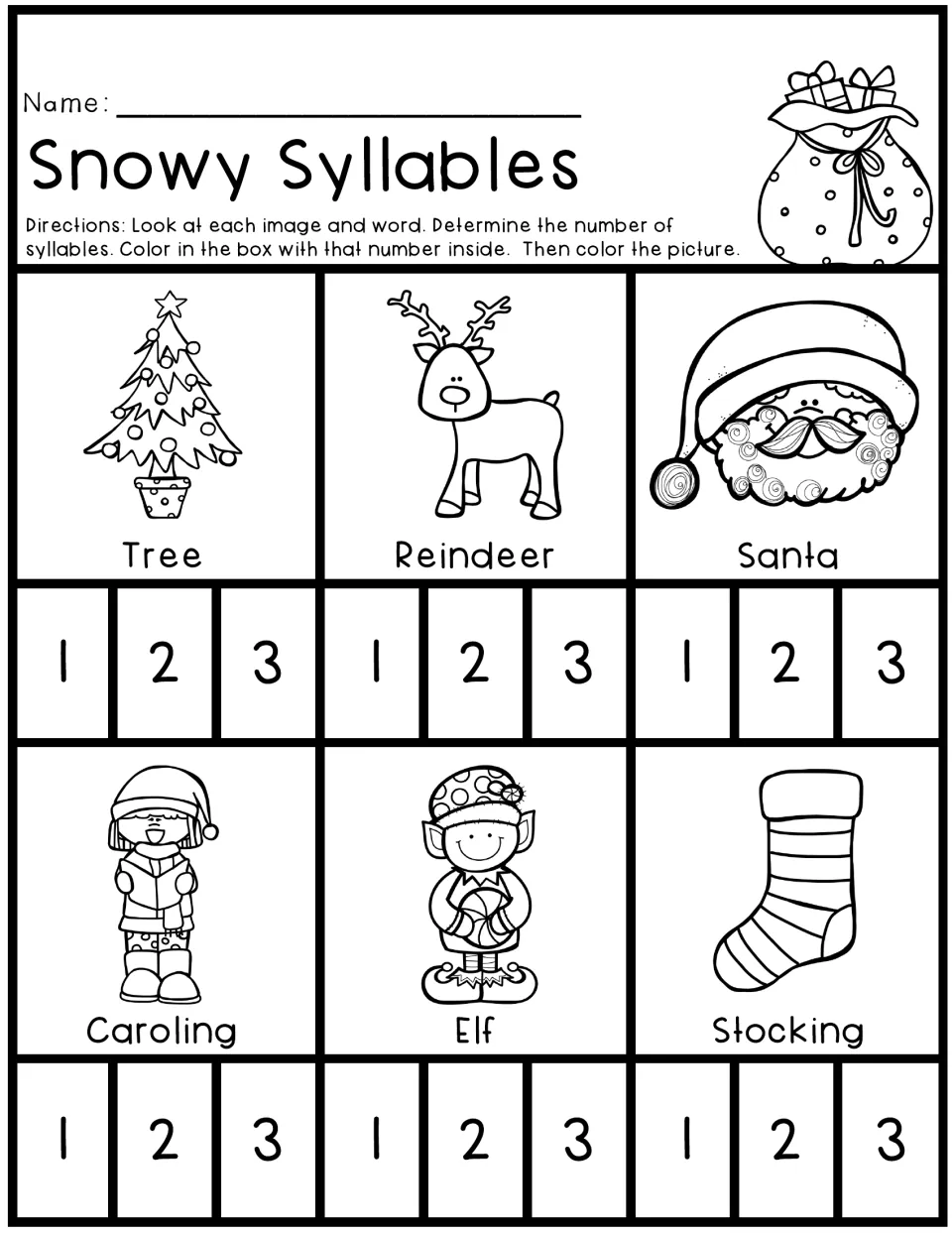 Snowy Syllables: students count syllables in tree, reindeer, Santa, caroling, elf and stocking and color 1, 2 or 3