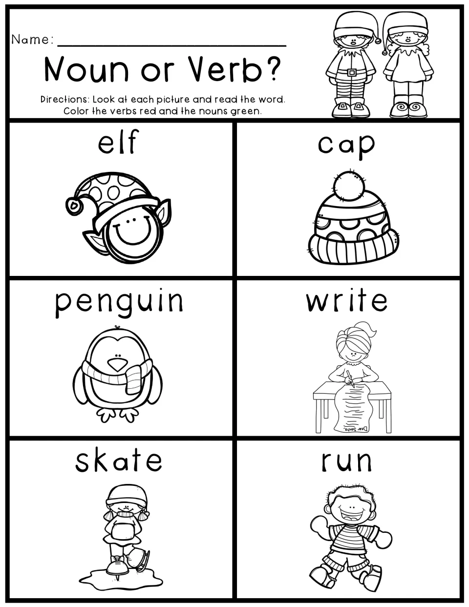 Noun or Verb?: students read six picture words like elf, penguin, write and run, coloring verbs red and nouns green