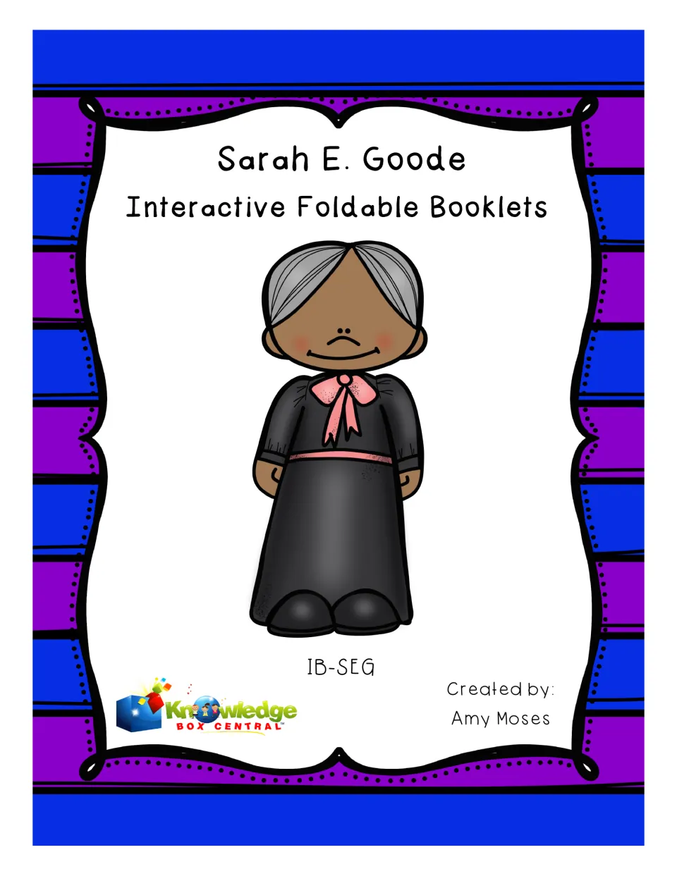 Sarah E. Goode foldable booklets cover with a cartoon of Goode in a black dress, created by Amy Moses