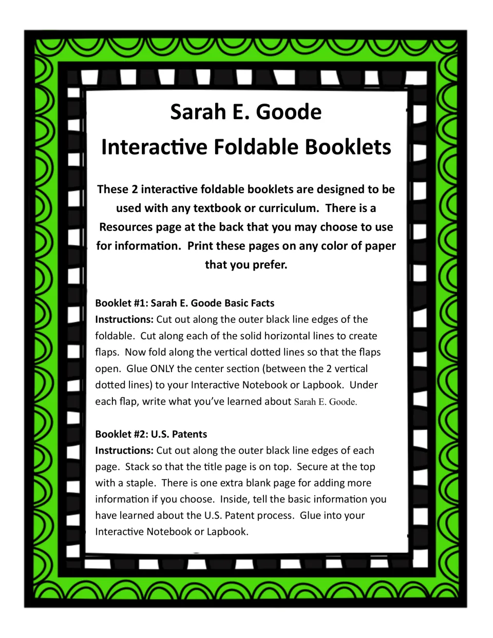 Directions for two booklets: cut, fold and glue a Basic Facts flap book; cut and staple a U.S. Patents booklet