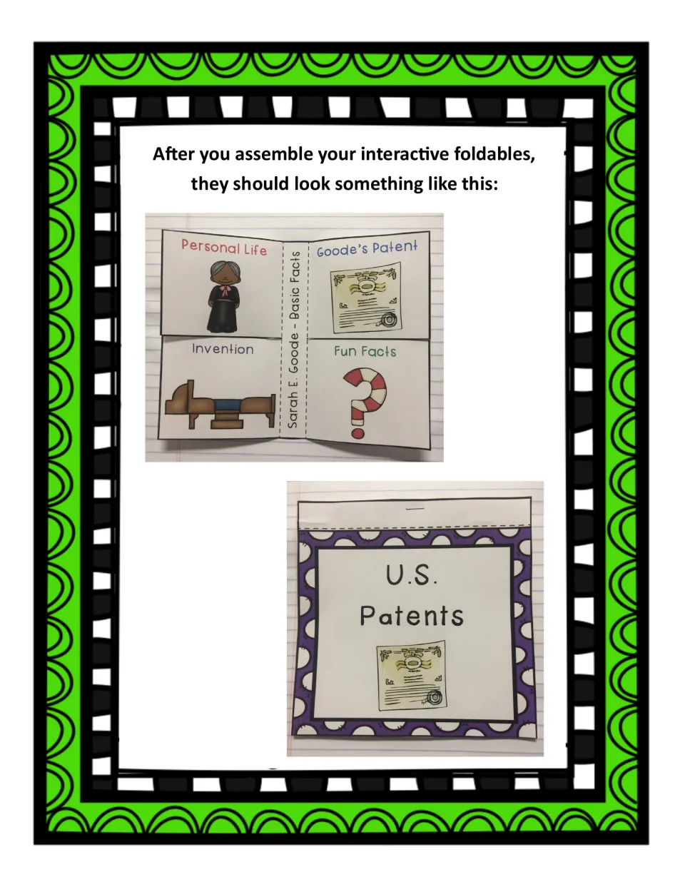 Assembled examples: photos of the four-flap Basic Facts foldable and the U.S. Patents booklet glued in a notebook
