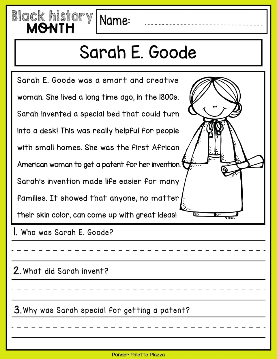 Sarah E. Goode biography passage on her bed that turns into a desk; students answer 3 comprehension questions
