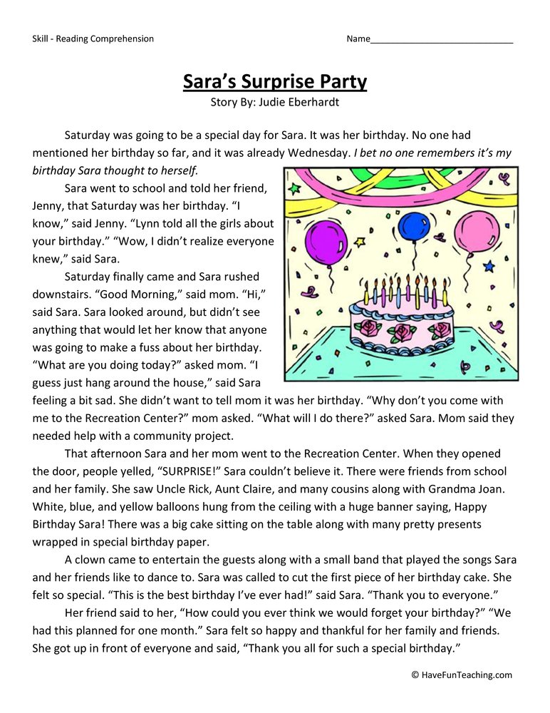 Sara's Surprise Party Reading Comprehension Worksheet teaching resource preview