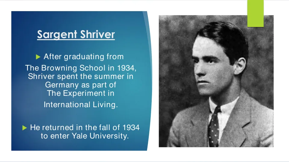 Biography slide describing Shriver’s 1934 graduation, summer in Germany, and fall entry into Yale University