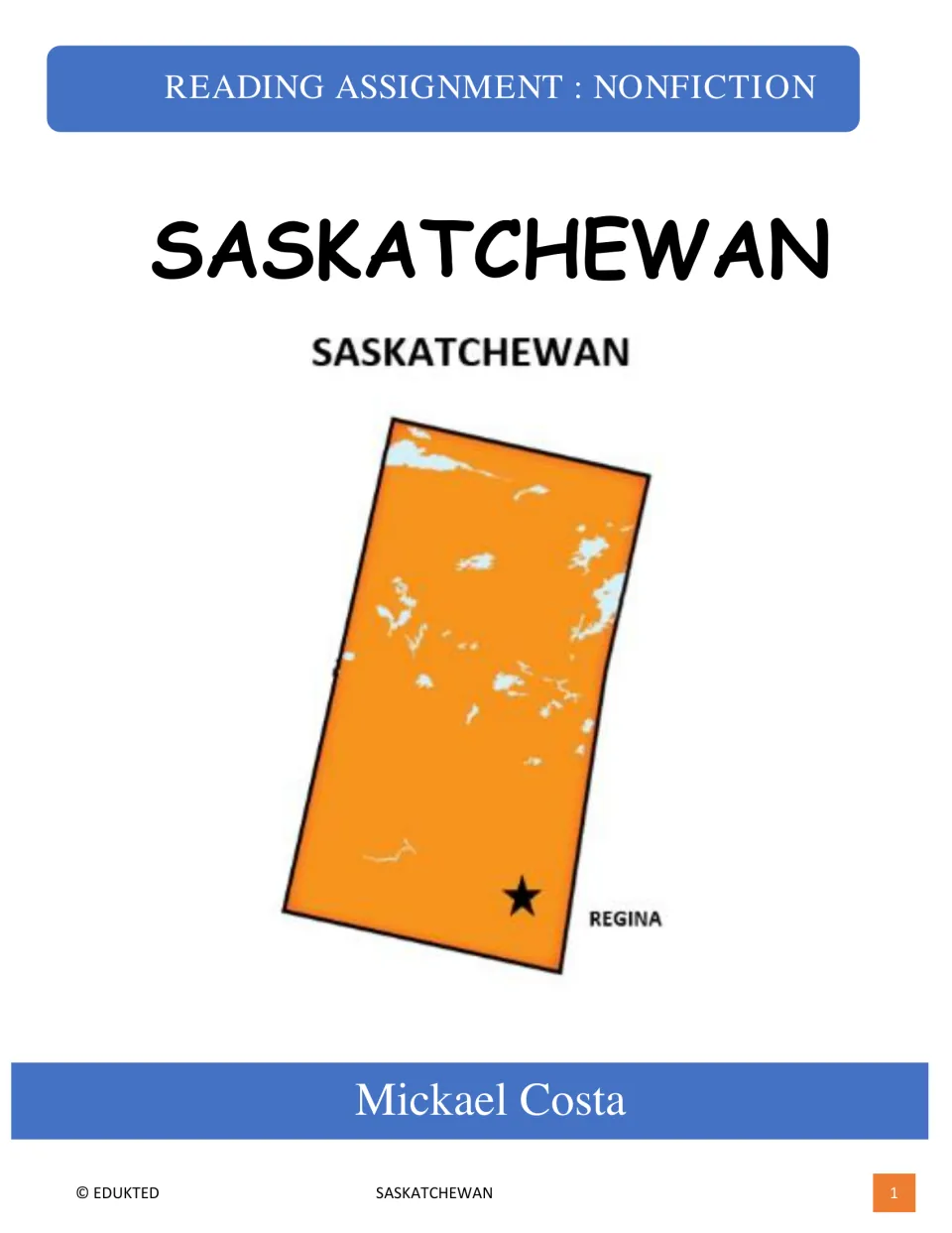 Cover of the Saskatchewan nonfiction reading packet by Mickael Costa, featuring a map labeling Regina