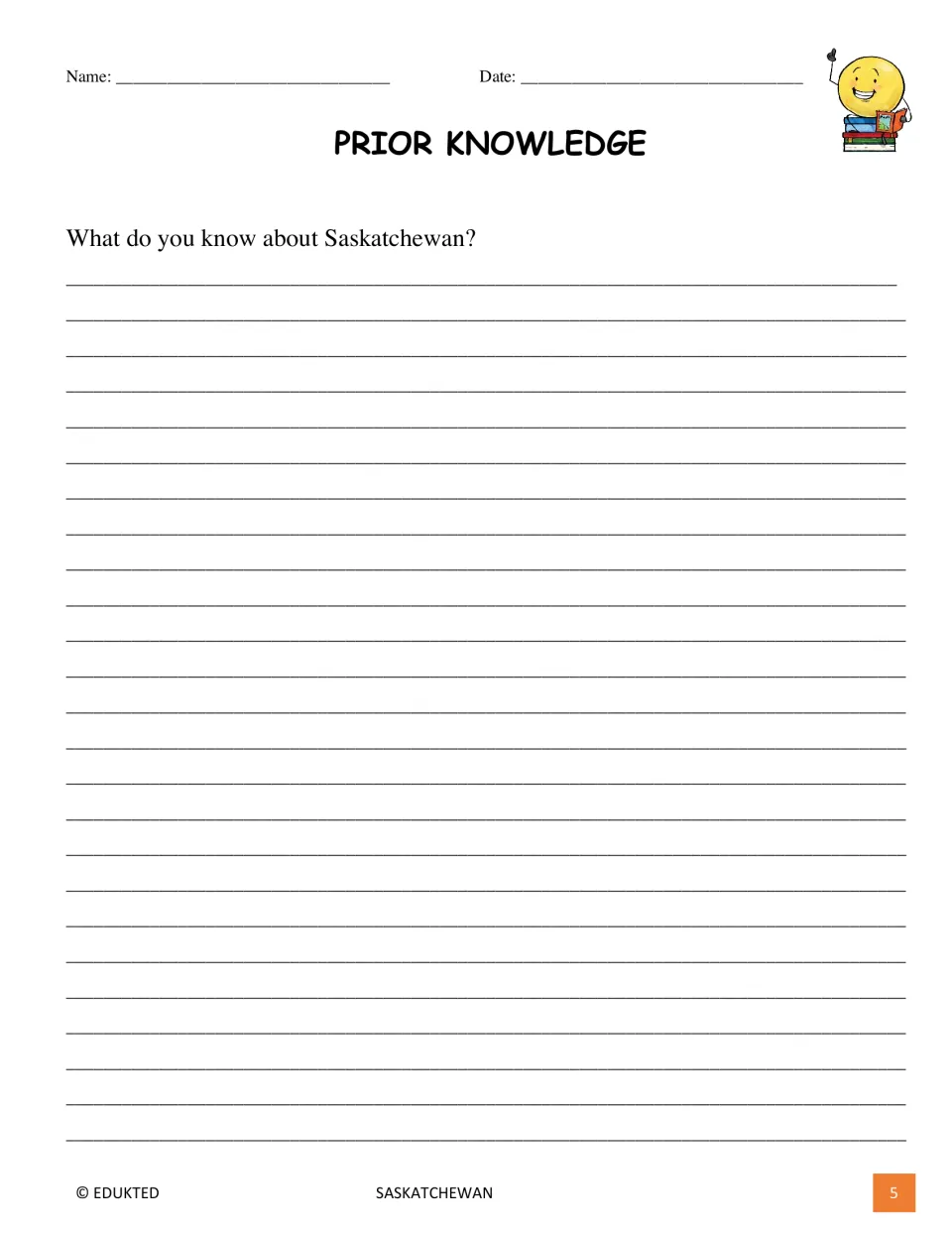 Prior-knowledge activity asking students to write what they already know about the province of Saskatchewan
