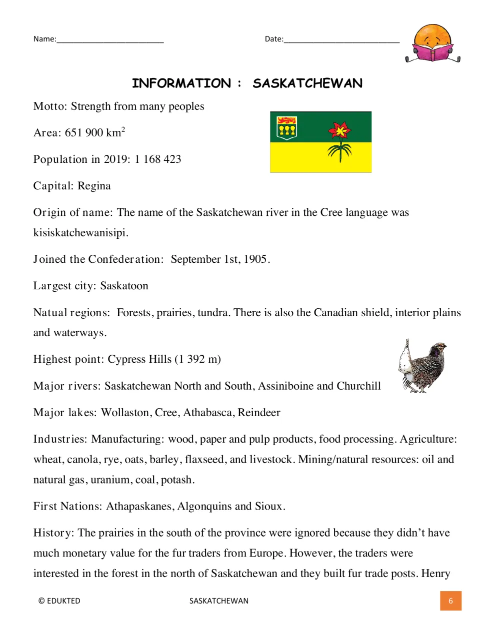 First informational reading page covering Saskatchewan's motto, population, geography, industries, and history