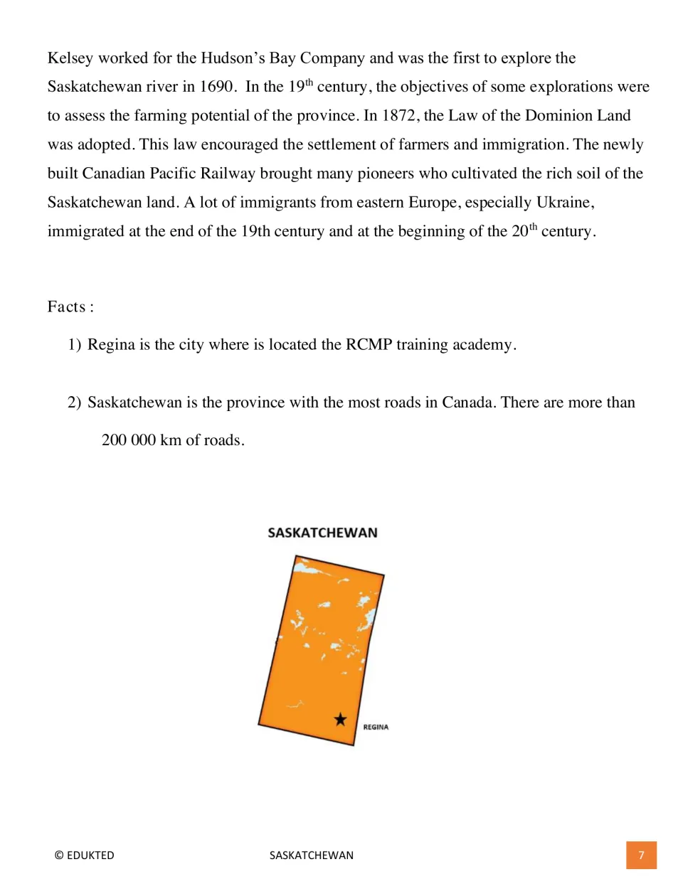 Second reading page on exploration, farming, immigration, the RCMP training academy, and Saskatchewan roads