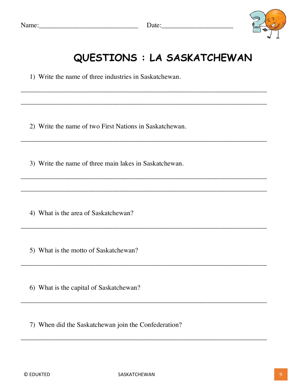 Comprehension questions 1–7 on industries, First Nations, lakes, area, motto, capital, and Confederation