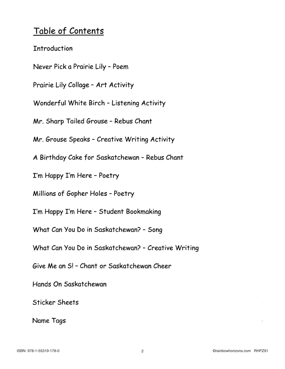Table of contents, part 1: Never Pick a Prairie Lily poem, Prairie Lily Collage, rebus chants, songs and name tags