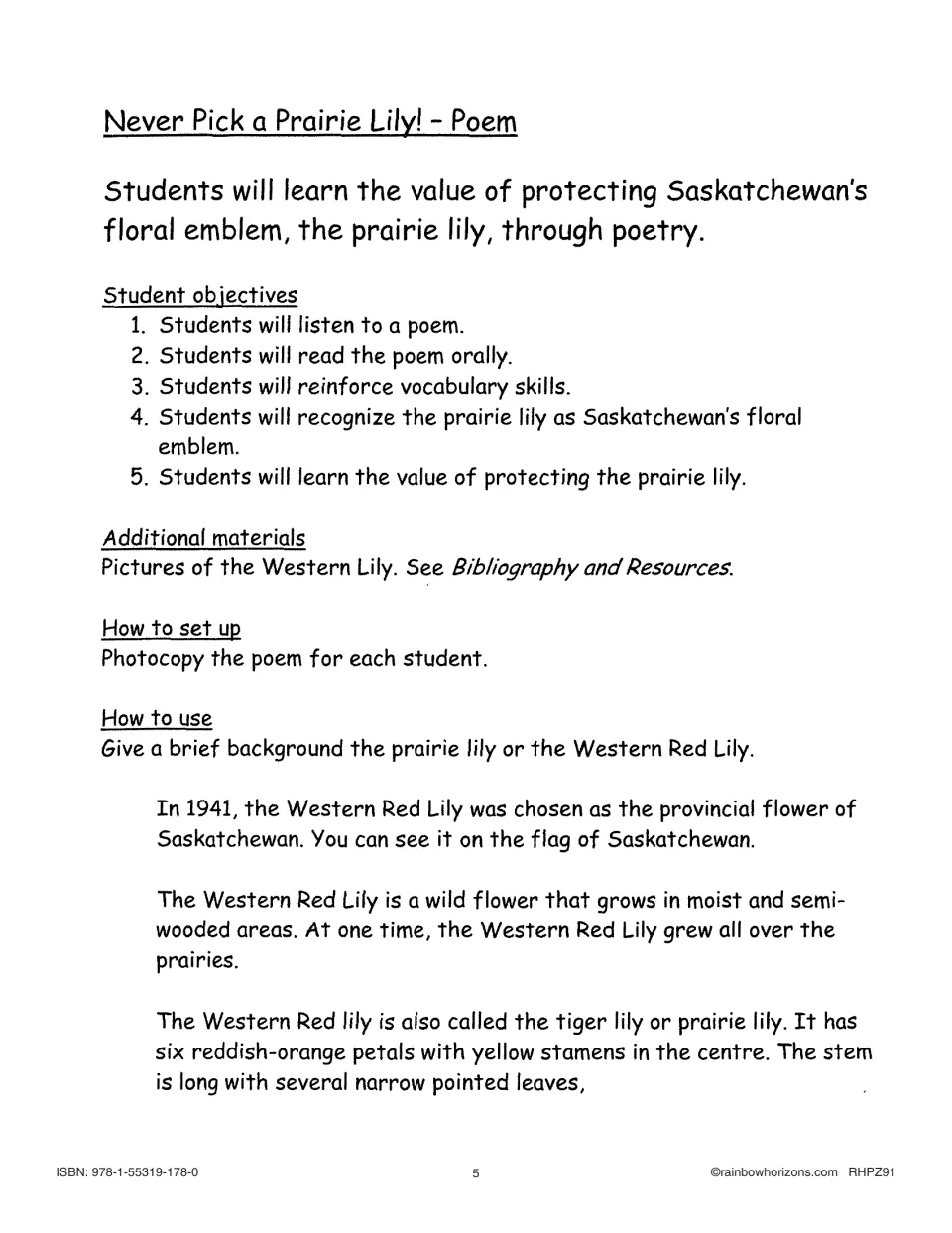 Never Pick a Prairie Lily! lesson plan: objectives, setup, and background on the Western Red Lily, chosen in 1941
