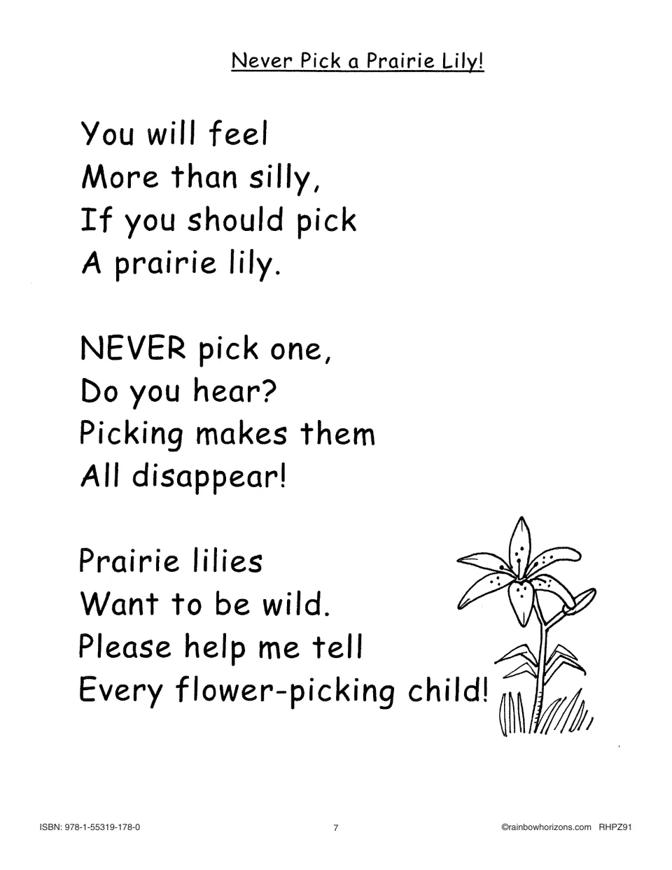 Student copy of the poem 'Never Pick a Prairie Lily!': 'You will feel / More than silly...' with a lily drawing