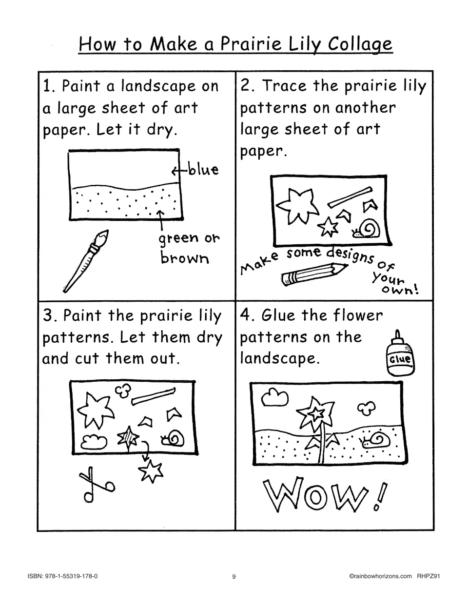 How to Make a Prairie Lily Collage chart: paint a landscape, trace the patterns, paint and cut them, glue them on