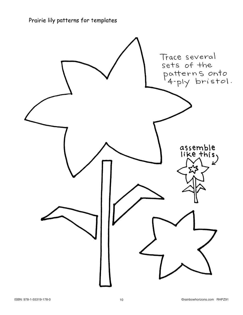 Prairie lily patterns for collage templates: large and small six-petal flowers, a stem and two leaves
