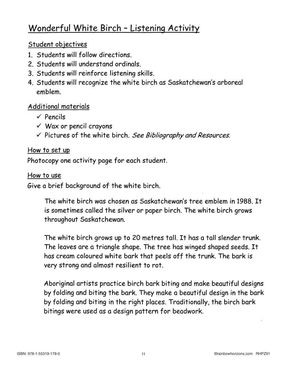Wonderful White Birch listening lesson: objectives, materials, and background on the tree emblem chosen in 1988