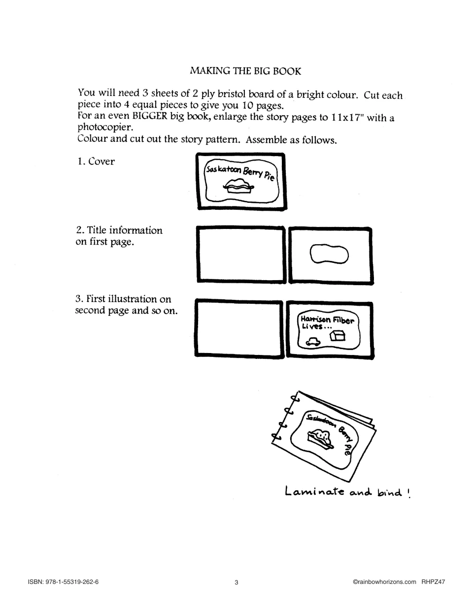 Big-book assembly instructions explain cutting Bristol board, coloring story patterns, laminating, and binding.