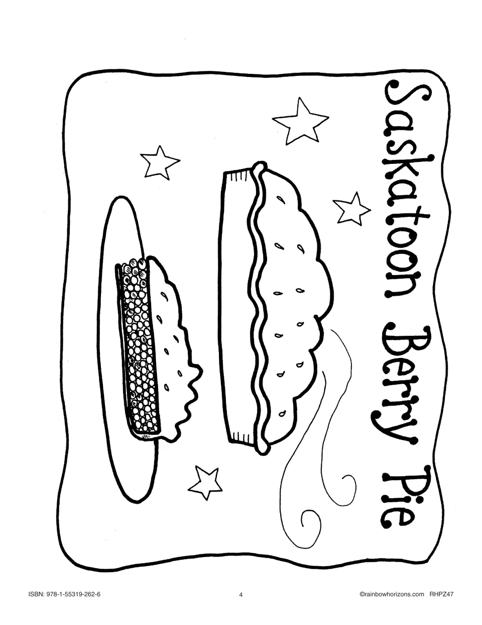 Big-book cover pattern titled 'Saskatoon Berry Pie' shows a whole berry pie and a slice to color.