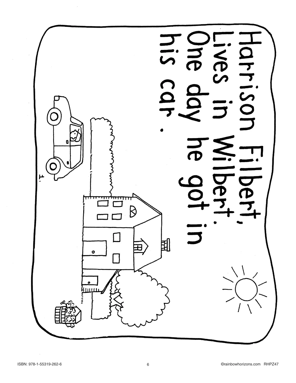 Story page 1 introduces Harrison Filbert, who lives in Wilbert and gets into his car beside his house.