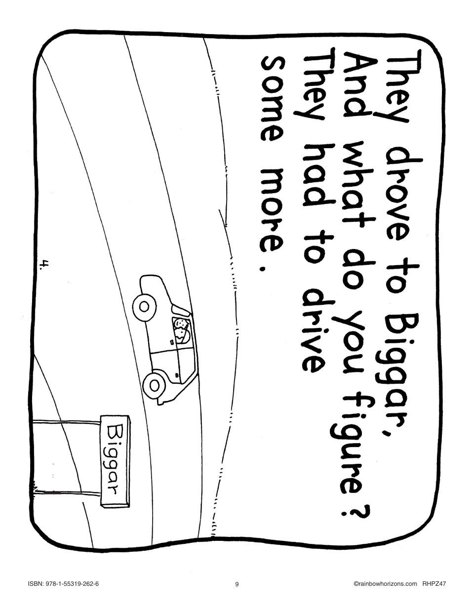 Story page 4 shows the couple driving past a Biggar sign; the rhyme says they still have to drive some more.