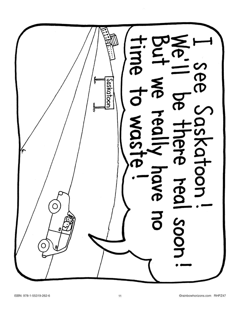 Story page 6 shows the car approaching a Saskatoon sign as Harrison says they will be there soon.