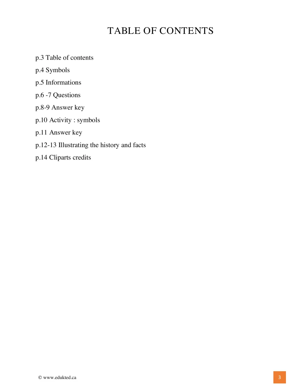 Contents for the geography pack list symbols, information, questions, answer keys, and drawing activities