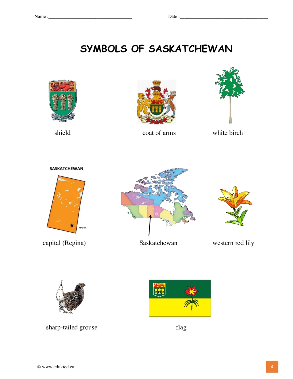 Provincial symbols reference: shield, coat of arms, white birch, Regina, red lily, grouse, flag, and map