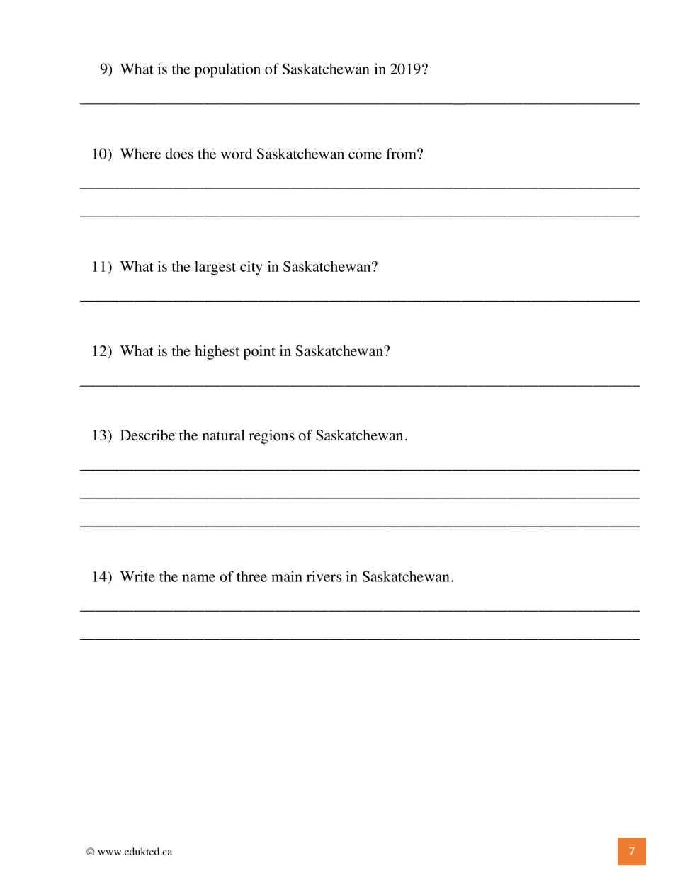 Questions 9–14 cover 2019 population, name origin, largest city, highest point, natural regions, and rivers