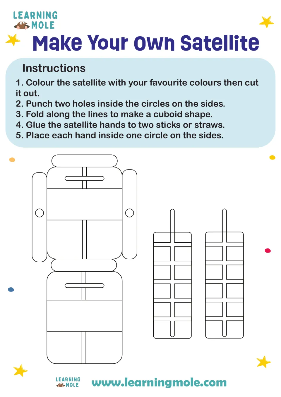 Make Your Own Satellite: students colour, cut out and fold a cuboid satellite net, then glue the hands to sticks or straws