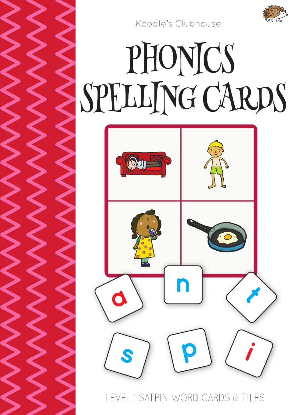 Phonics Spelling Cards cover, Level 1 SATPIN word cards and tiles, showing four picture cards and s, a, t, p, i, n tiles