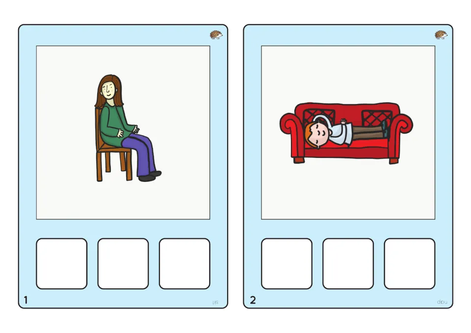 CVC spelling cards 1 and 2: a woman sitting for sit and a boy napping on a sofa for nap, each with 3 tiles to fill