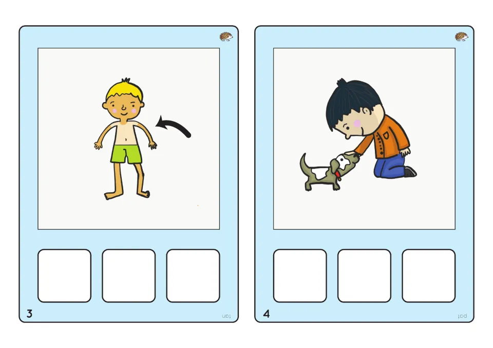 CVC spelling cards 3 and 4: a sun-tanned boy for tan and a boy patting a dog for pat, with 3 letter spaces under each