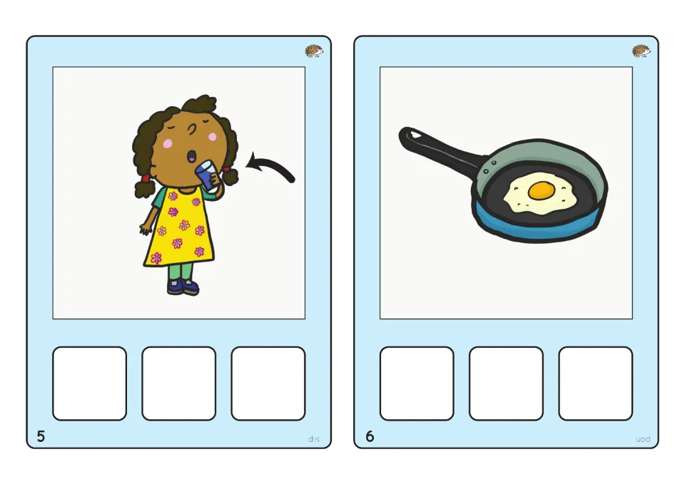 CVC spelling cards 5 and 6: a girl sipping from a cup for sip and an egg in a frying pan for pan, 3 letter spaces each