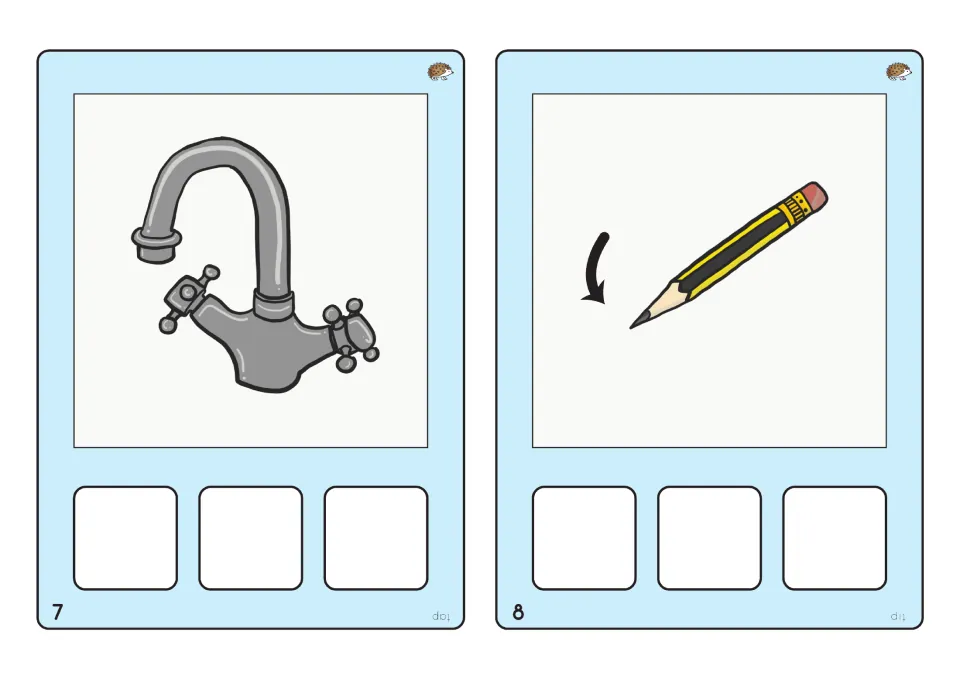 CVC spelling cards 7 and 8: a water tap for tap and a pencil point for tip; students spell each word sound by sound