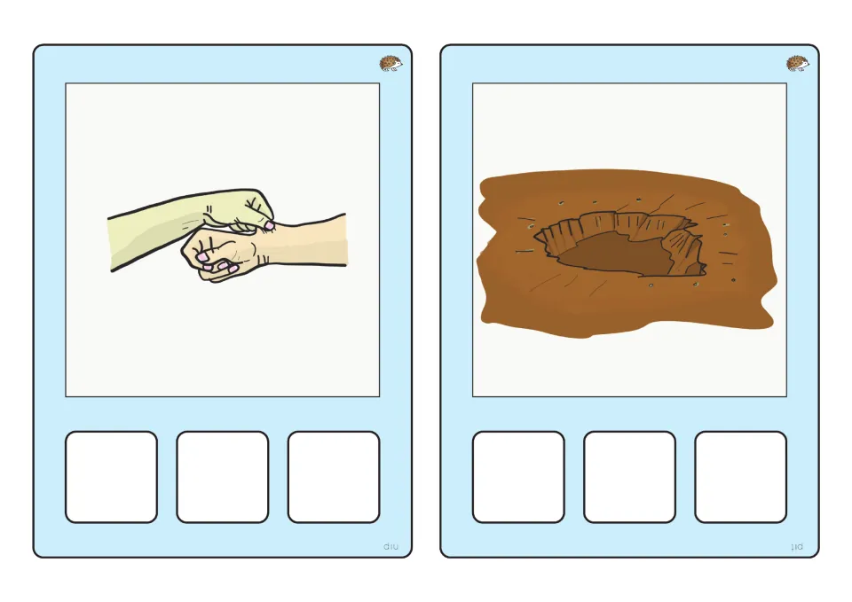 CVC spelling cards for nip and pit: one hand pinching another and a hole in the ground, with 3 letter spaces under each