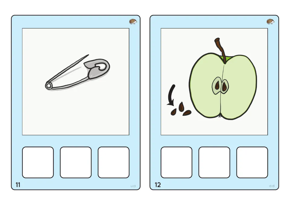 CVC spelling cards 11 and 12: a safety pin for pin and apple seeds for pip, each with 3 spaces for spelling the word