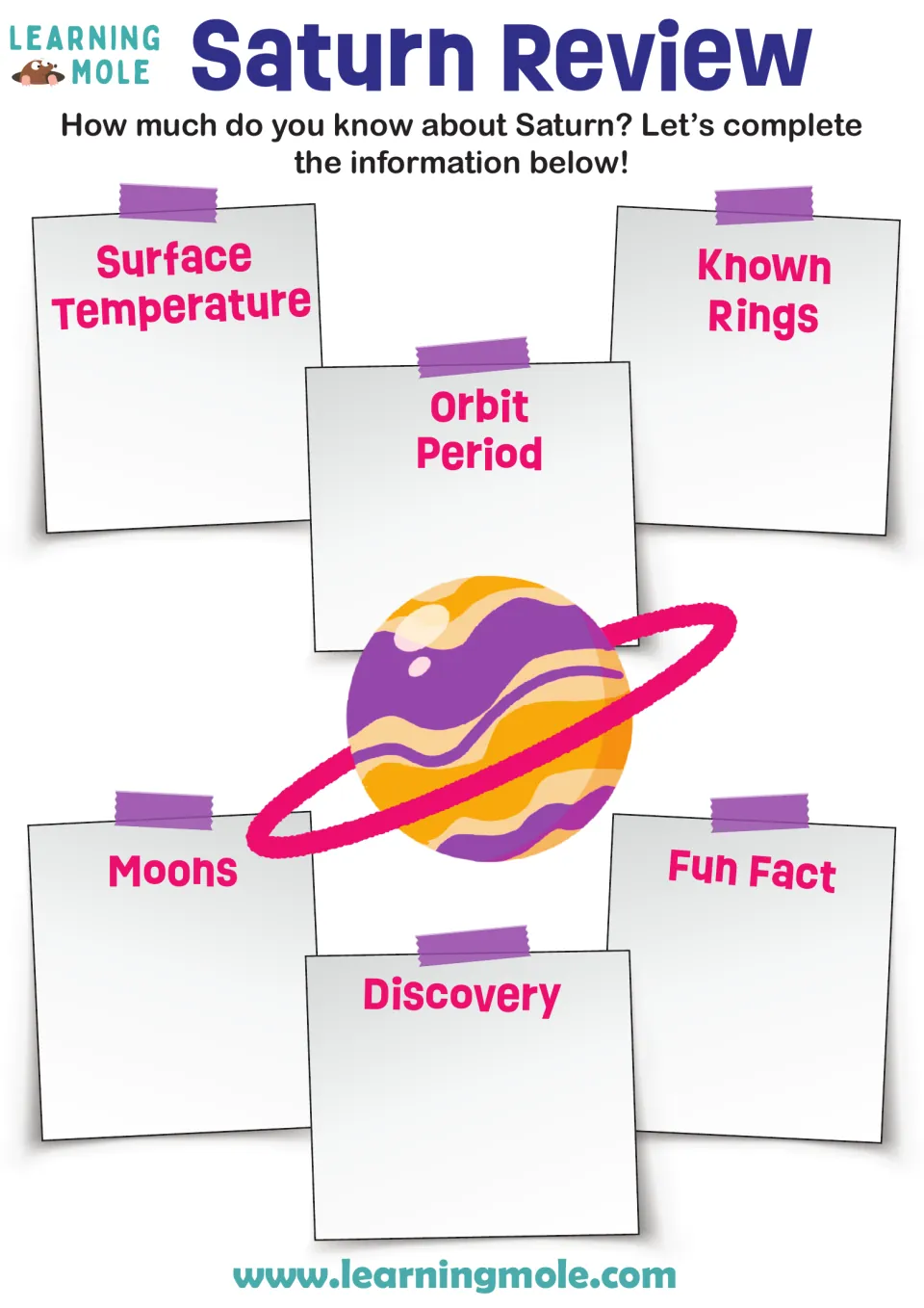 Saturn facts review: students fill in surface temperature, rings, orbit period, moons, discovery and a fun fact