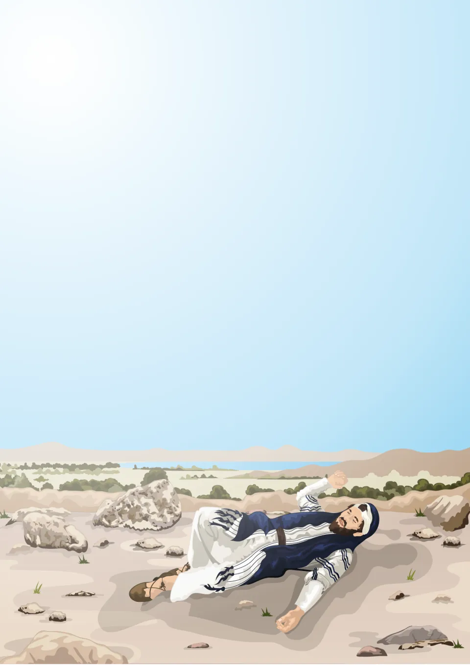 Saul's conversion cover art: Saul lies fallen on a rocky road under a bright light from heaven, with hills behind
