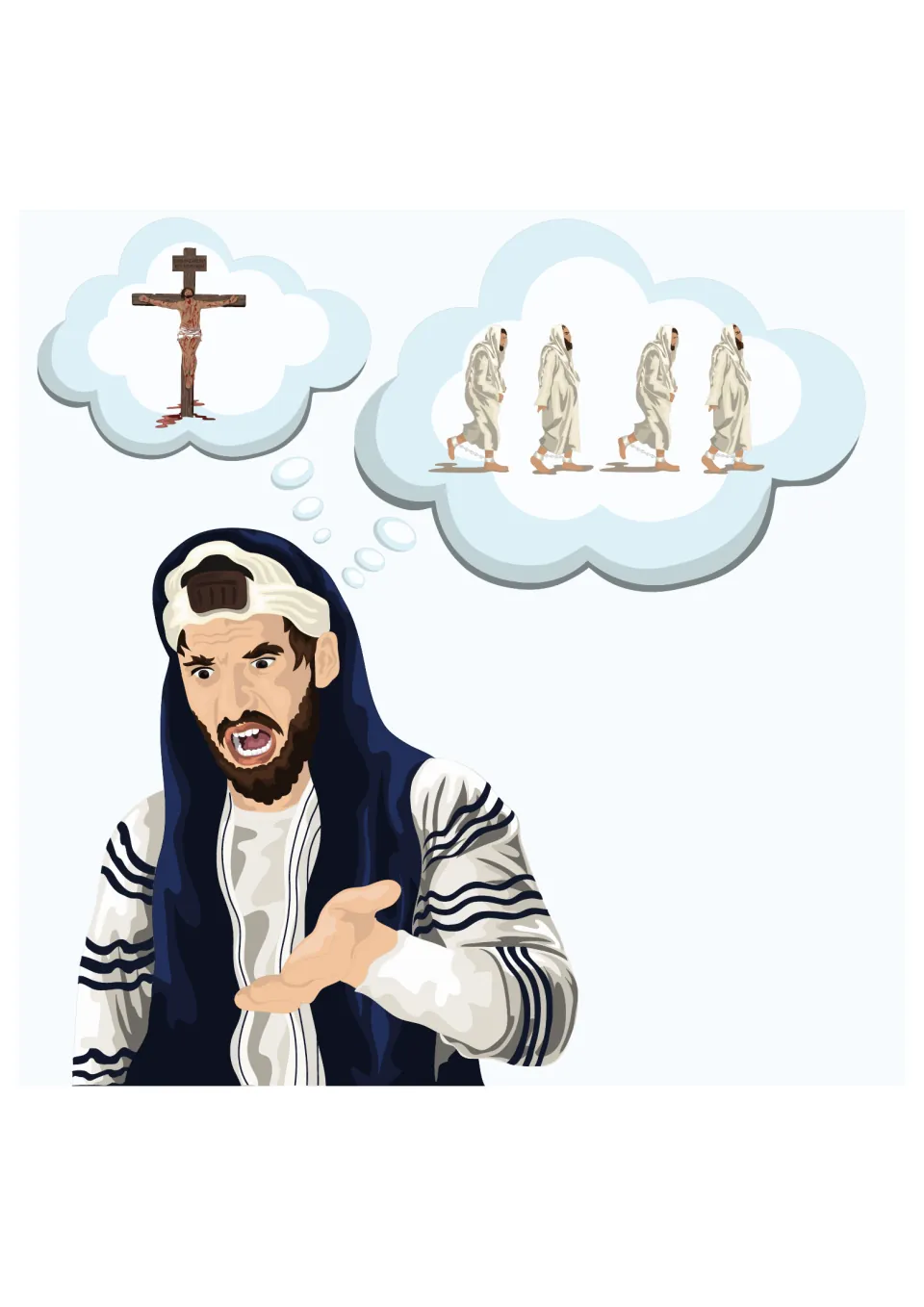 Angry Saul illustration: thought bubbles show Jesus on the cross and four followers walking in chains
