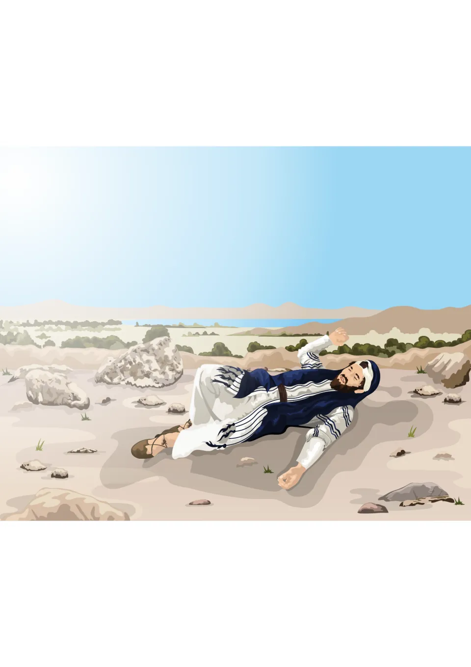 Damascus road scene: Saul lying on the stony ground after the light from heaven, his eyes closed and arm raised