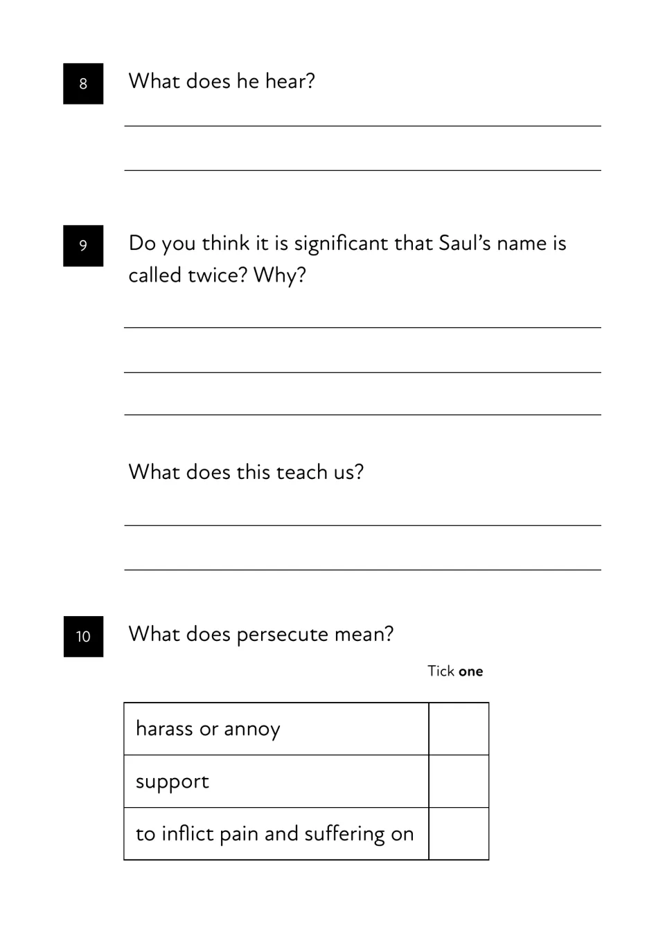 The voice Saul hears: students explain why his name is called twice and tick what persecute means