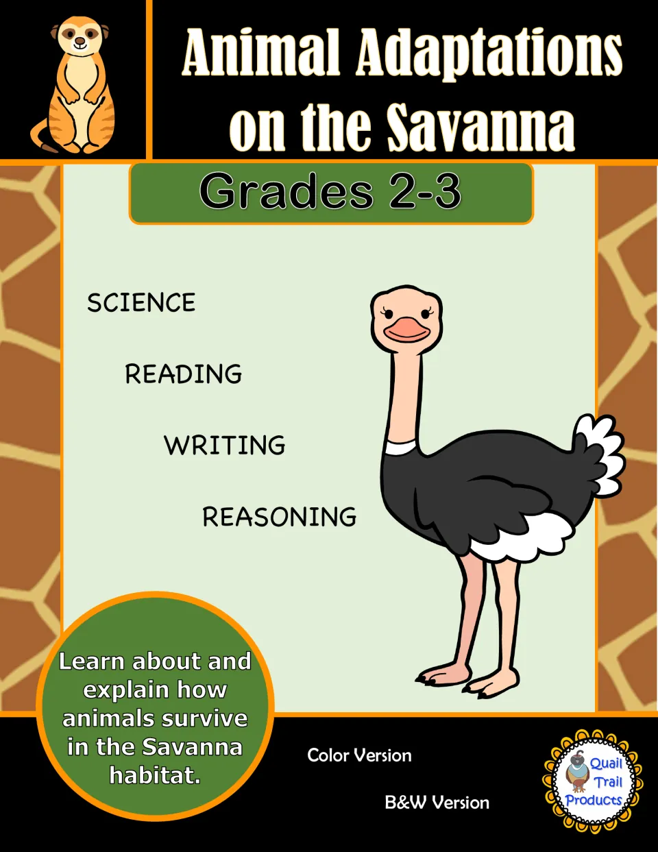 Animal Adaptations on the Savanna cover: science, reading, writing and reasoning on how animals survive the Savanna