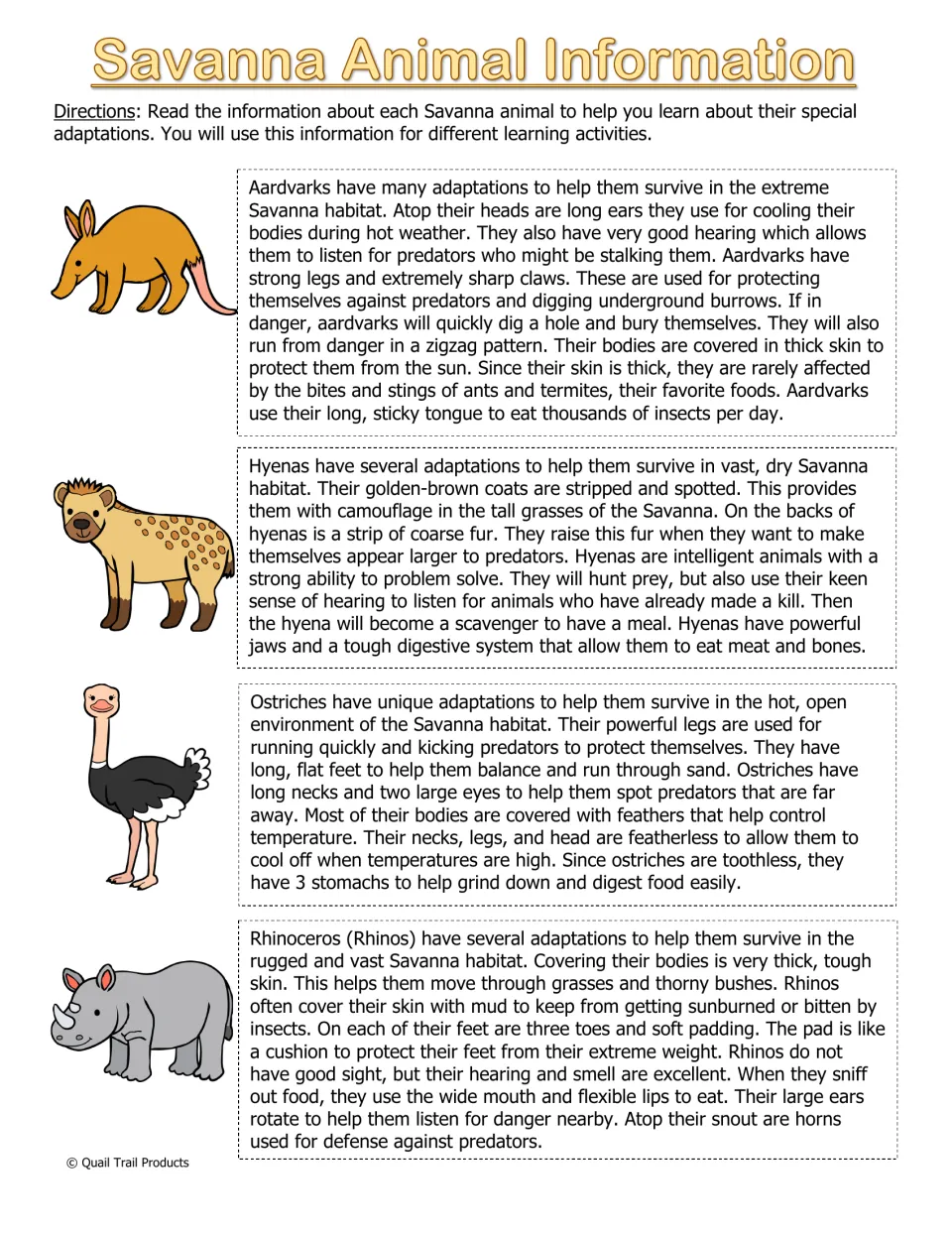 Savanna Animal Information: students read passages on how aardvarks, hyenas, ostriches and rhinos adapt to survive