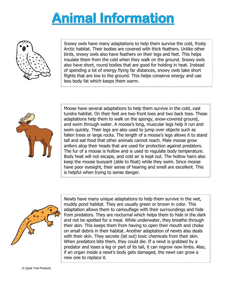 Animal Information: reading passages on snowy owl, moose and newt adaptations for Arctic, tundra and pond habitats