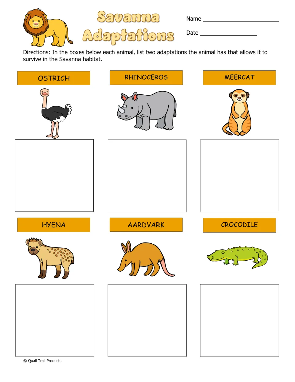 Savanna Adaptations: students write two adaptations for each of six animals, from ostrich and rhinoceros to crocodile