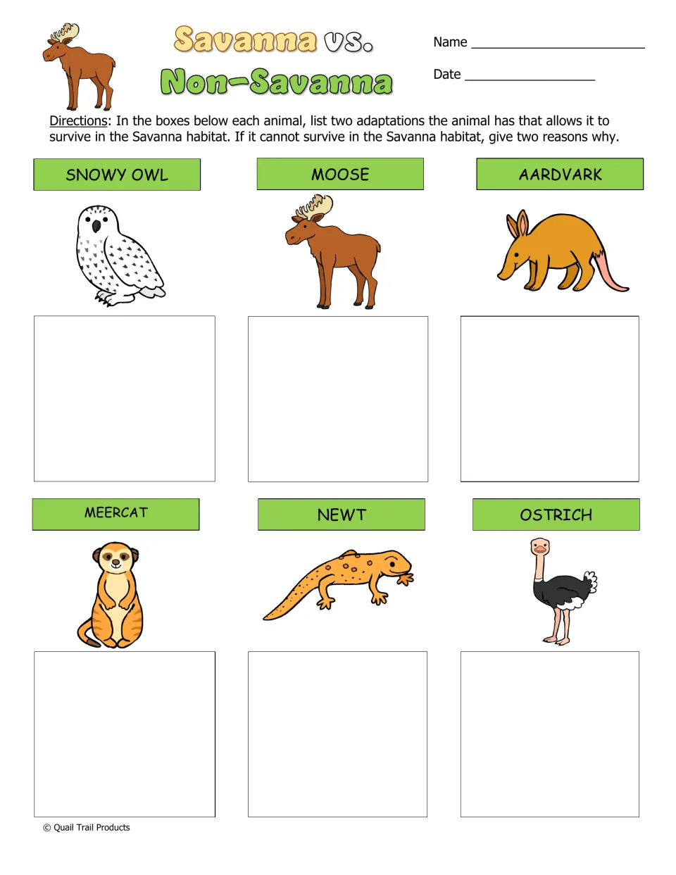 Savanna vs. Non-Savanna: students explain with two adaptations or two reasons whether snowy owl, newt and others survive
