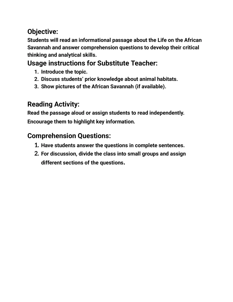 Savannah sub plan notes: objective, steps to introduce animal habitats, read-aloud tips and group setup for the questions