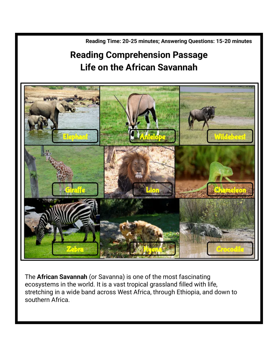 Life on the African Savannah passage opener with photos of nine animals, from elephant and lion to zebra and crocodile